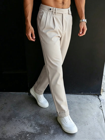 Men'S Gurkha High Waist Pleated Cuffed Tapered Cropped Dress Pants 100% Polyester Business Casual Black Beige Trousers