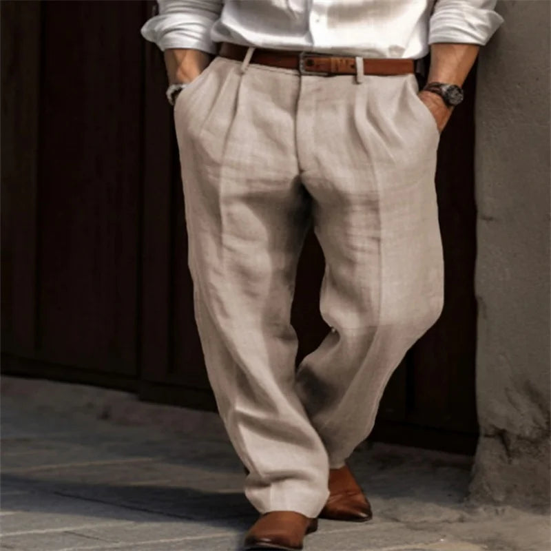 Vintage Solid Color Loose Linen Trousers for Mens Spring Summer New Casual Straight Pants Men Fashion Pleated Breathable Pants