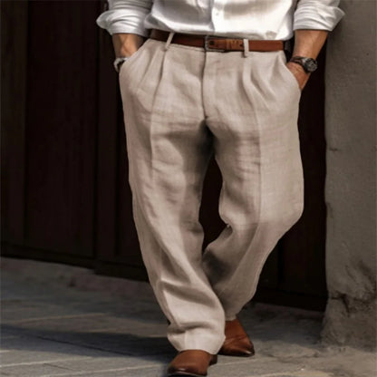 Vintage Solid Color Loose Linen Trousers for Mens Spring Summer New Casual Straight Pants Men Fashion Pleated Breathable Pants