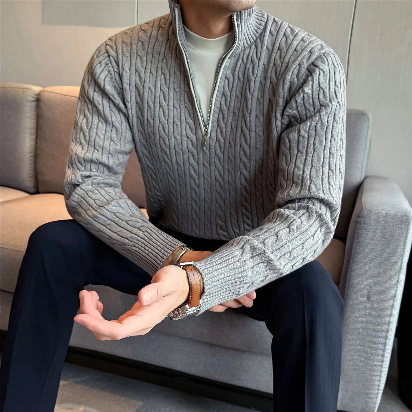 Men'S Wool Quarter-Zip Sweater, All Day Warm Cable Knit, Old Money Style for Smart Casual, Gray and Beige Colors Available