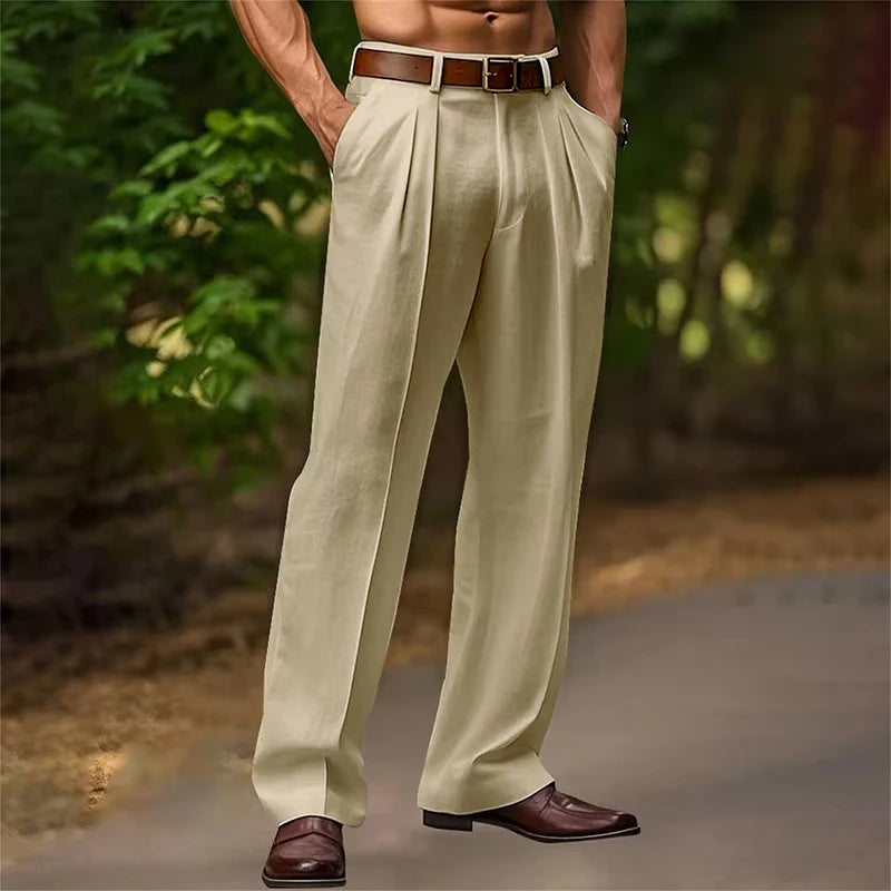 Daily Casual Mens Loose Straight Pants 2025 Spring Summer Leisure Breathable Thin Linen Trousers for Men Vintage Pleated Pants
