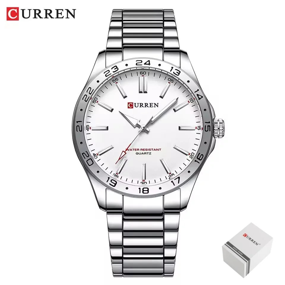 8452 Men Quartz Watch Simple Fashion Leisure Business Clock Black Silvery Stainless Steel Strap Wristwatch for Male