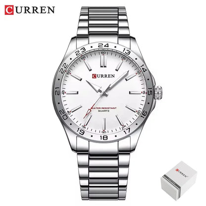 8452 Men Quartz Watch Simple Fashion Leisure Business Clock Black Silvery Stainless Steel Strap Wristwatch for Male