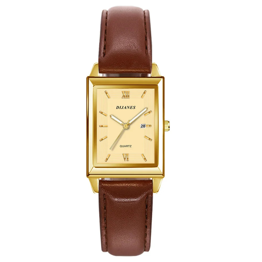 New Casual Leather Men'S Watch Square Quartz Watch Korean Version Student Watch Calendar Watch
