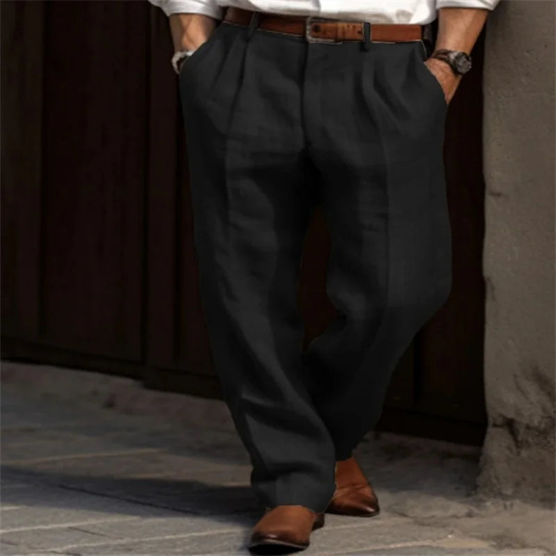 Vintage Solid Color Loose Linen Trousers for Mens Spring Summer New Casual Straight Pants Men Fashion Pleated Breathable Pants