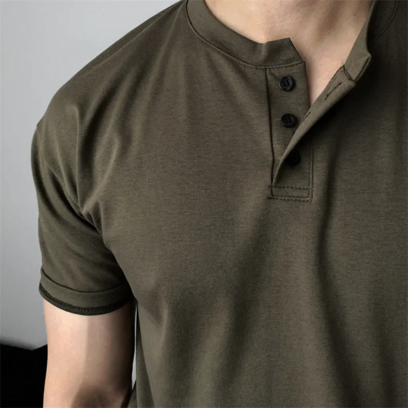 Summer Men‘S Short Sleeve Henley Neck T Shirts American Retro Casual Beach T-Shirts Loose High-Quality Fitness Sports Shirt Tops