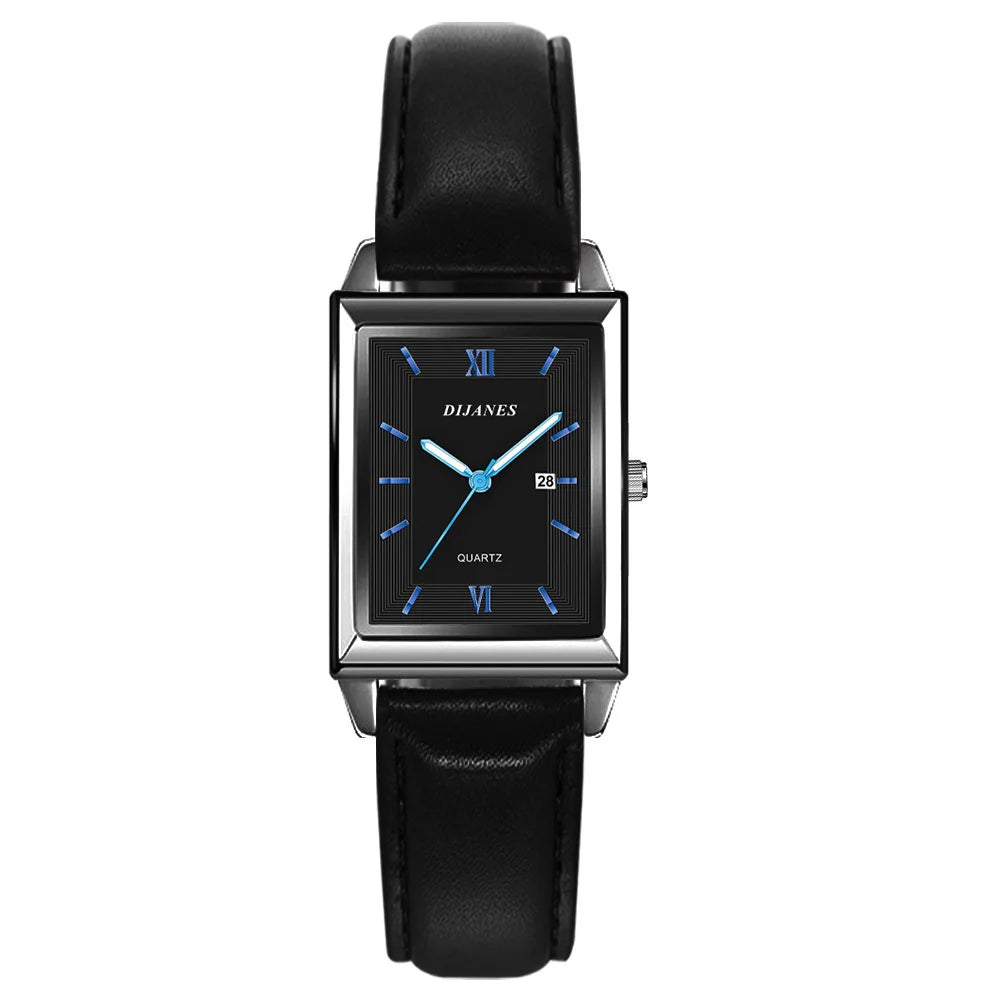 New Casual Leather Men'S Watch Square Quartz Watch Korean Version Student Watch Calendar Watch