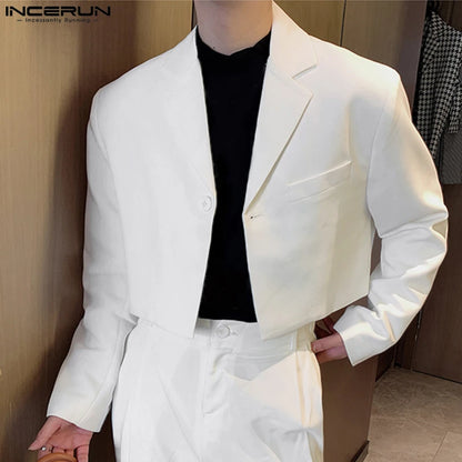 Men Blazer Solid Color Lapel Long Sleeve One Button Autumn Casual Suits Streetwear 2023 Fashion Male Crop Coats S-5XL