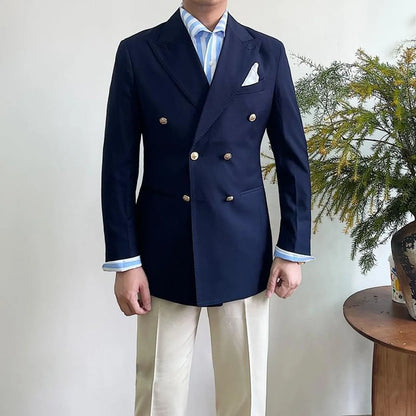 Men'S Double Breasted Blazer Peak Lapel Gold Button Slim Fit Suit Jacket Wrinkle Resistant Business Wedding Formal Sport Coat