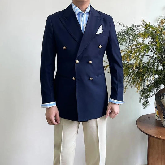 Men'S Double Breasted Blazer Peak Lapel Gold Button Slim Fit Suit Jacket Wrinkle Resistant Business Wedding Formal Sport Coat