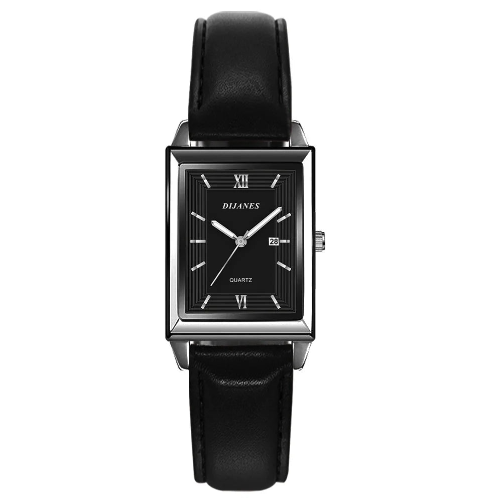 New Casual Leather Men'S Watch Square Quartz Watch Korean Version Student Watch Calendar Watch