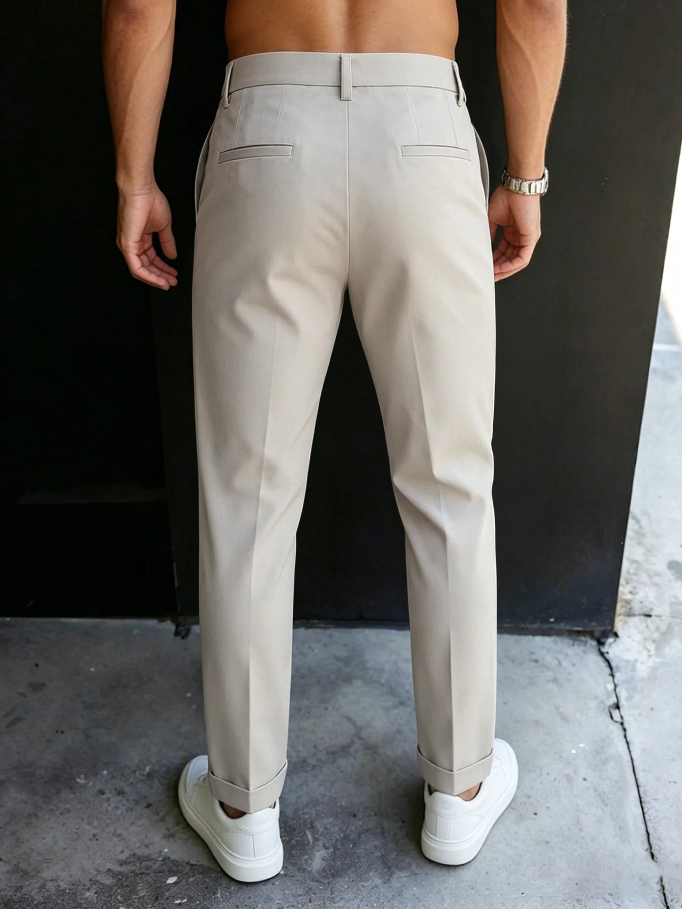Men'S Gurkha High Waist Pleated Cuffed Tapered Cropped Dress Pants 100% Polyester Business Casual Black Beige Trousers
