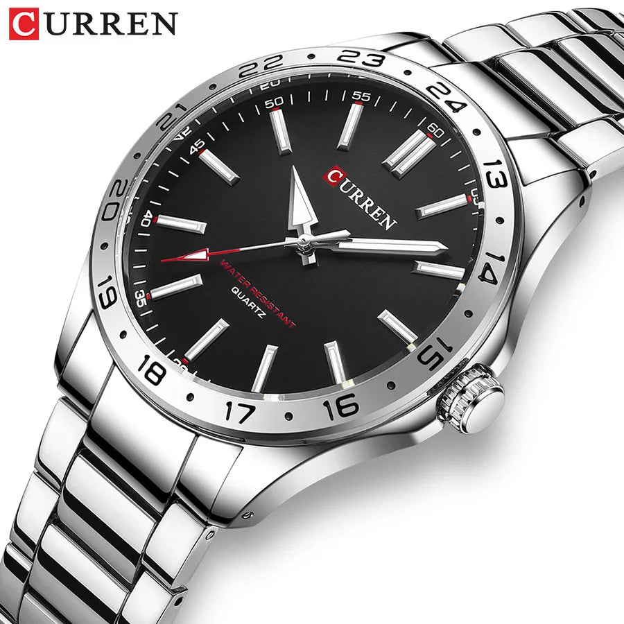 8452 Men Quartz Watch Simple Fashion Leisure Business Clock Black Silvery Stainless Steel Strap Wristwatch for Male