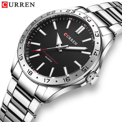 8452 Men Quartz Watch Simple Fashion Leisure Business Clock Black Silvery Stainless Steel Strap Wristwatch for Male