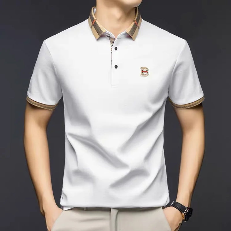 High End British Style Men Polo Shirt Classic Check Collar B Logo Embroidery Breathable Pique Cotton Short Sleeve Business Tops