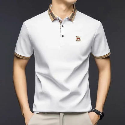 High End British Style Men Polo Shirt Classic Check Collar B Logo Embroidery Breathable Pique Cotton Short Sleeve Business Tops