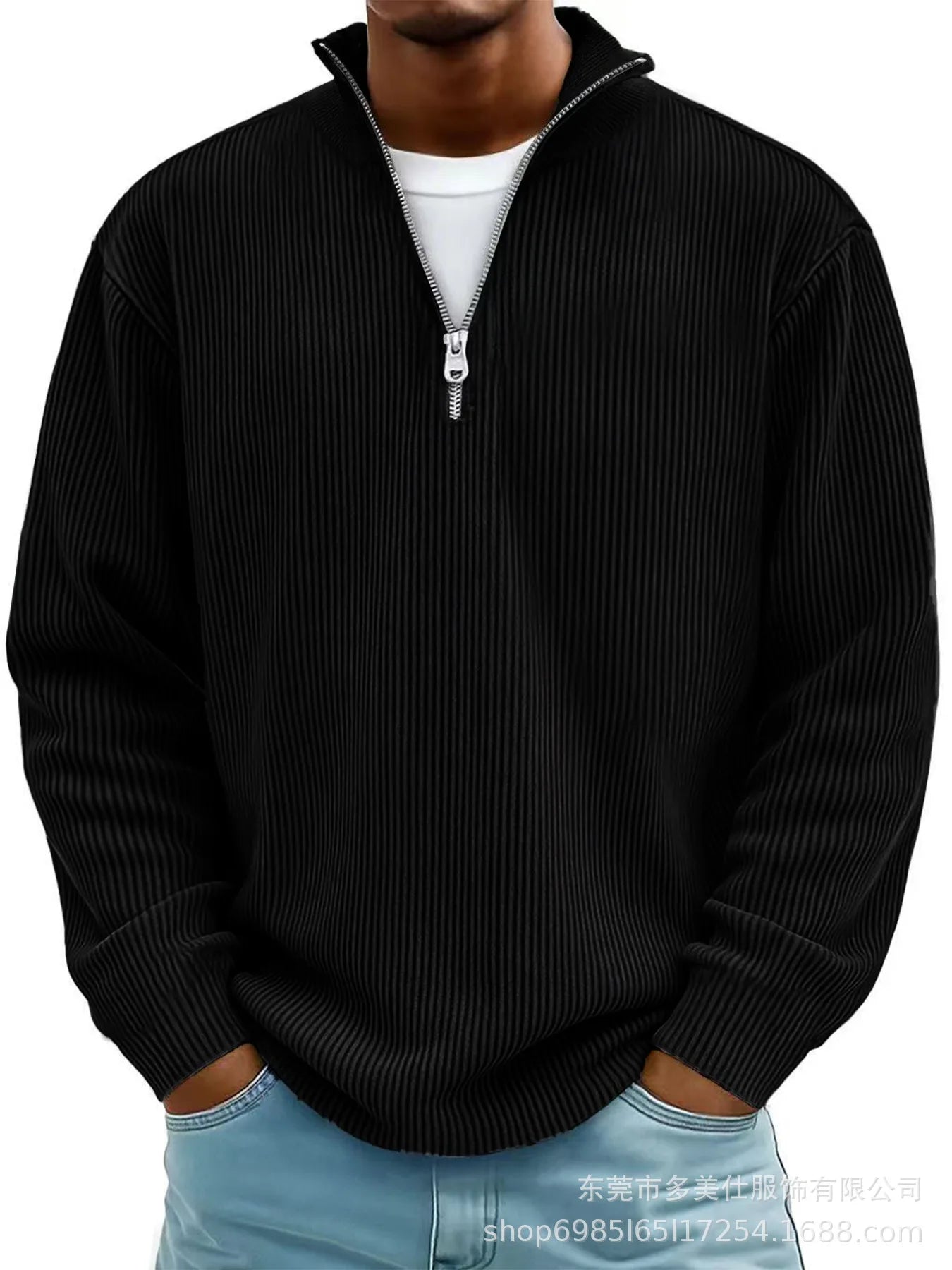 Men'S Quarter Zip Corduroy Polo Shirt Long Sleeve Casual Stand Collar Pullover for Daily Wear Streetwear
