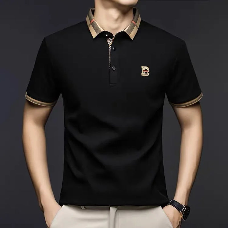 High End British Style Men Polo Shirt Classic Check Collar B Logo Embroidery Breathable Pique Cotton Short Sleeve Business Tops