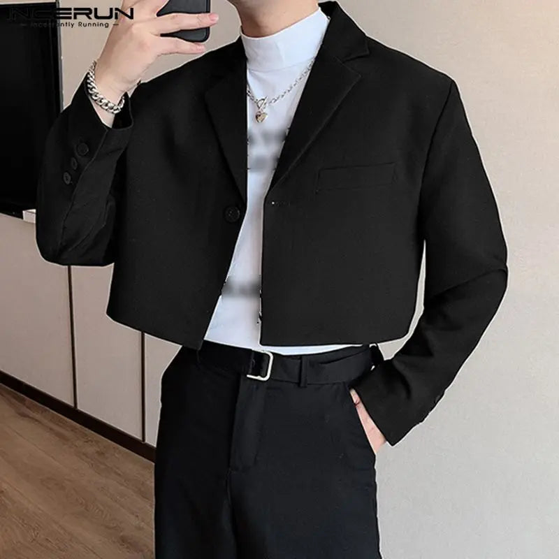 Men Blazer Solid Color Lapel Long Sleeve One Button Autumn Casual Suits Streetwear 2023 Fashion Male Crop Coats S-5XL