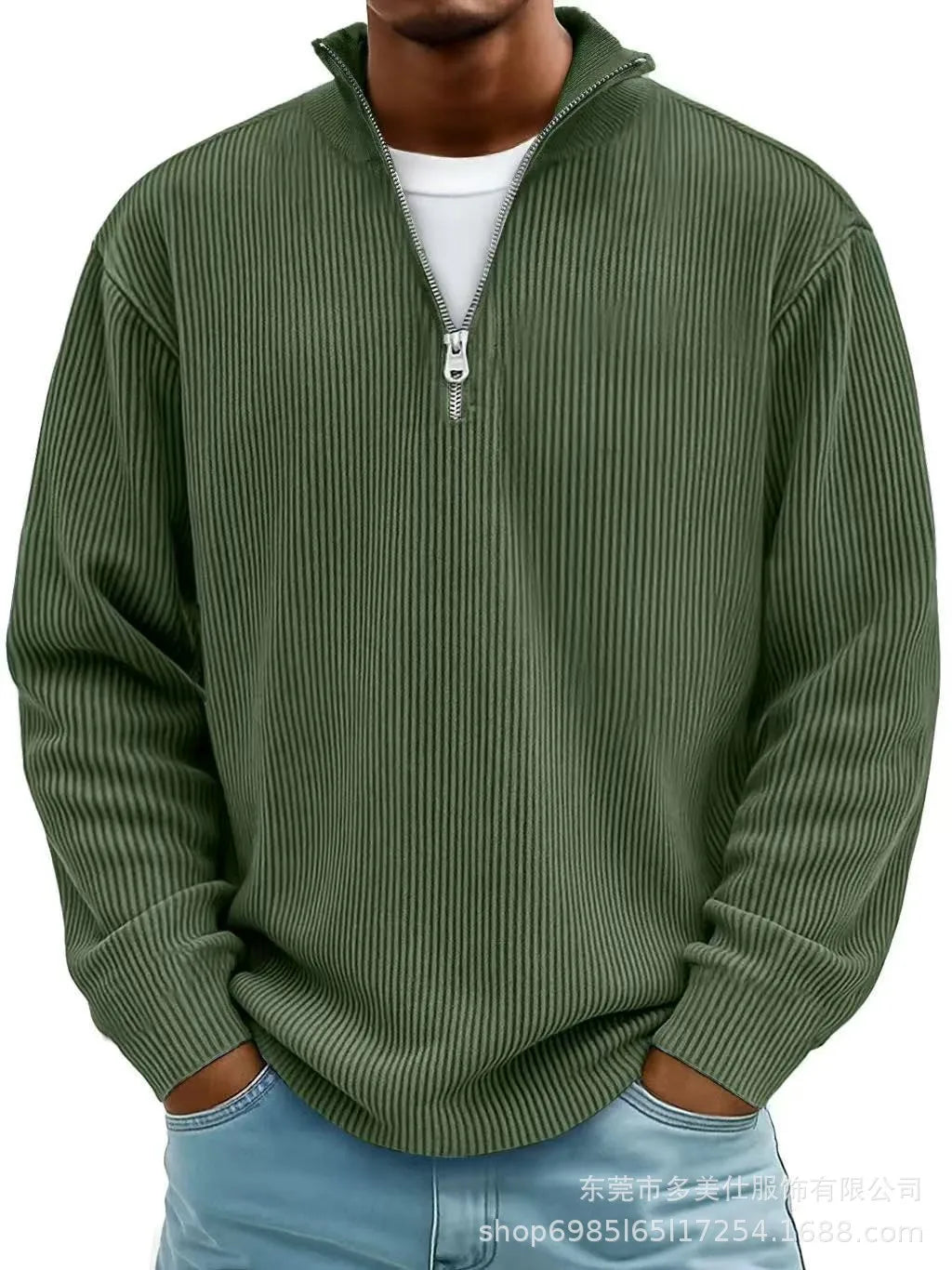 Men'S Quarter Zip Corduroy Polo Shirt Long Sleeve Casual Stand Collar Pullover for Daily Wear Streetwear