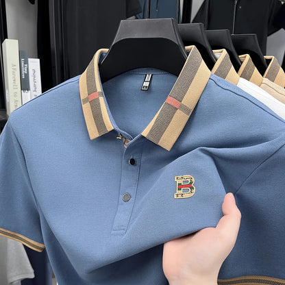 High End British Style Men Polo Shirt Classic Check Collar B Logo Embroidery Breathable Pique Cotton Short Sleeve Business Tops