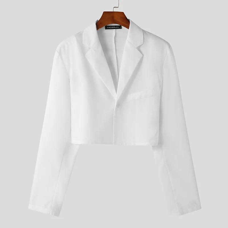 Men Blazer Solid Color Lapel Long Sleeve One Button Autumn Casual Suits Streetwear 2023 Fashion Male Crop Coats S-5XL