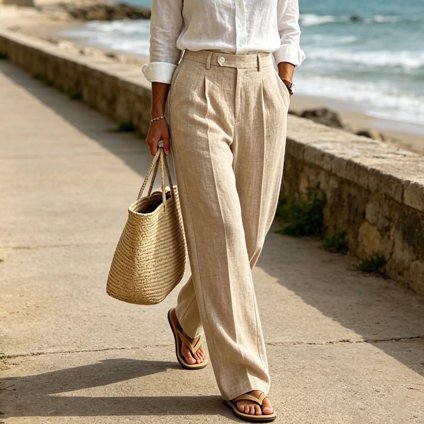 Men'S Linen Beige Pants Straight Leg Trousers High Waist Pleated Lightweight Breathable Cool Summer Casual for Beach Vacation