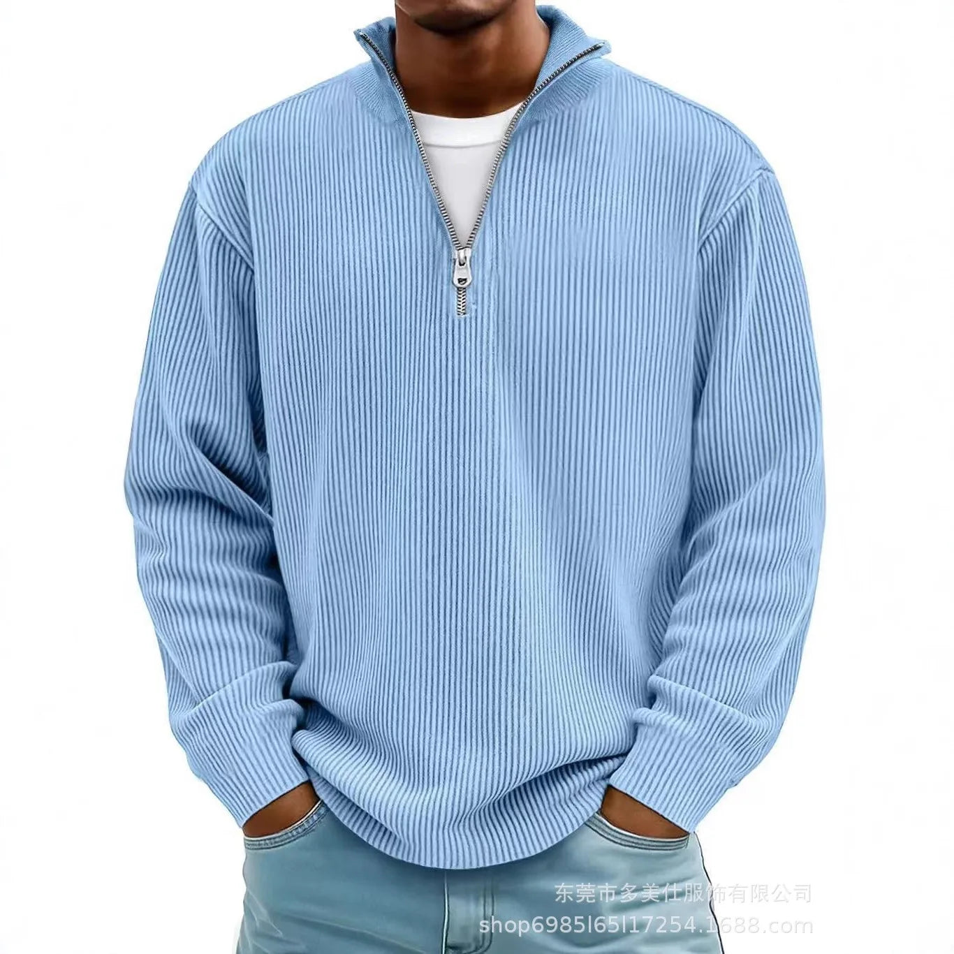 Men'S Quarter Zip Corduroy Polo Shirt Long Sleeve Casual Stand Collar Pullover for Daily Wear Streetwear