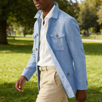 Men'S Cotton Linen Safari Jacket Lapel Multiple Pockets Casual Breathable Lightweight Vintage Beach Wedding Summer Blazer