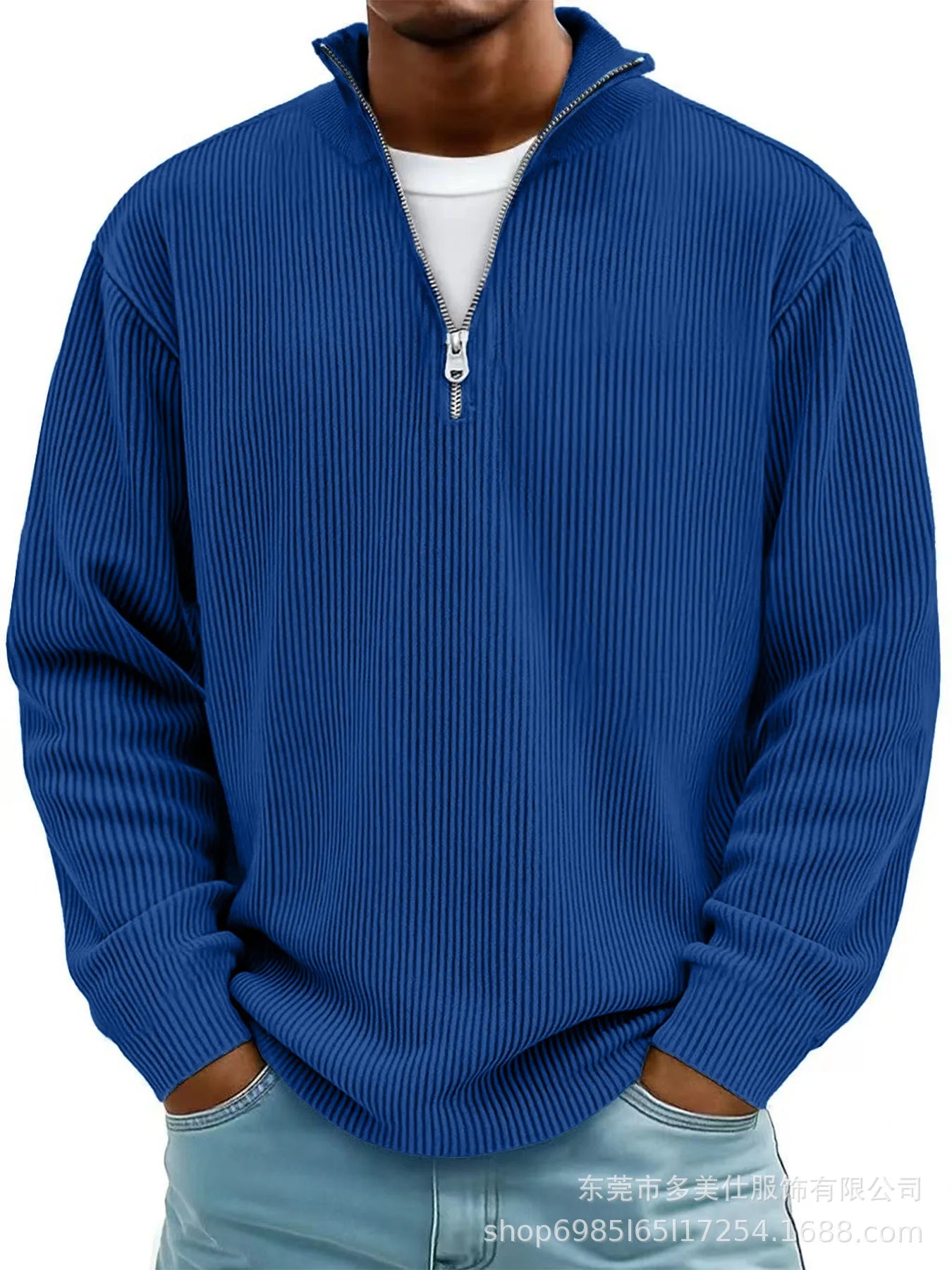 Men'S Quarter Zip Corduroy Polo Shirt Long Sleeve Casual Stand Collar Pullover for Daily Wear Streetwear