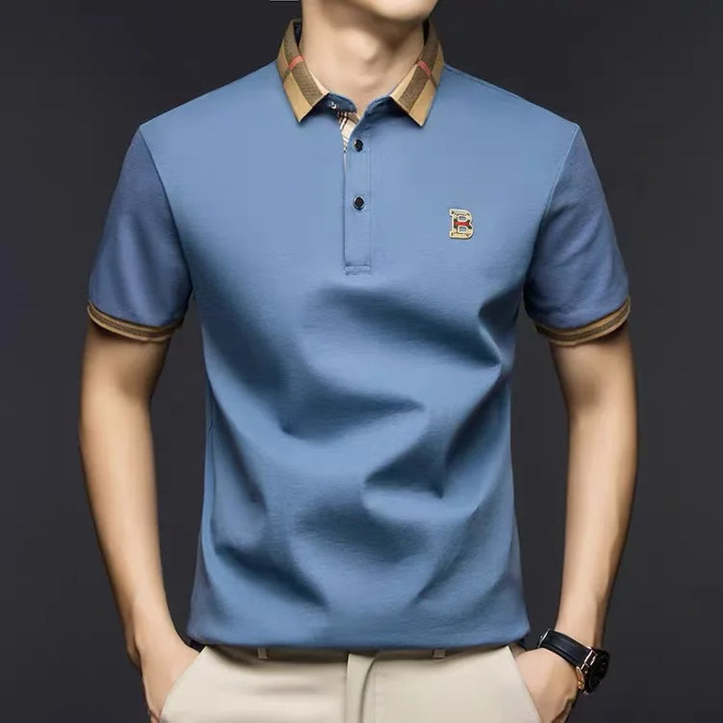 High End British Style Men Polo Shirt Classic Check Collar B Logo Embroidery Breathable Pique Cotton Short Sleeve Business Tops