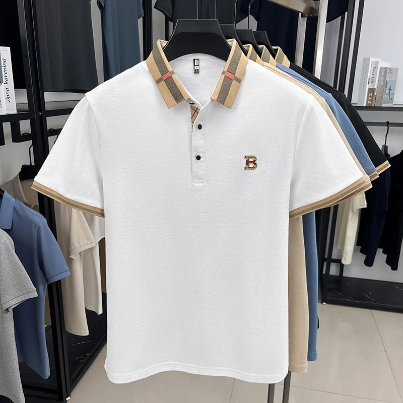 High End British Style Men Polo Shirt Classic Check Collar B Logo Embroidery Breathable Pique Cotton Short Sleeve Business Tops