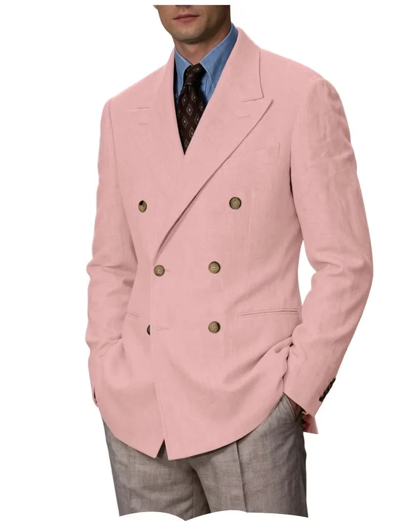 Men'S Cotton Linen Blend Blazer Double Breasted Lightweight Breathable Wrinkle Resistant Jacket Casual Sport Coat for Beach