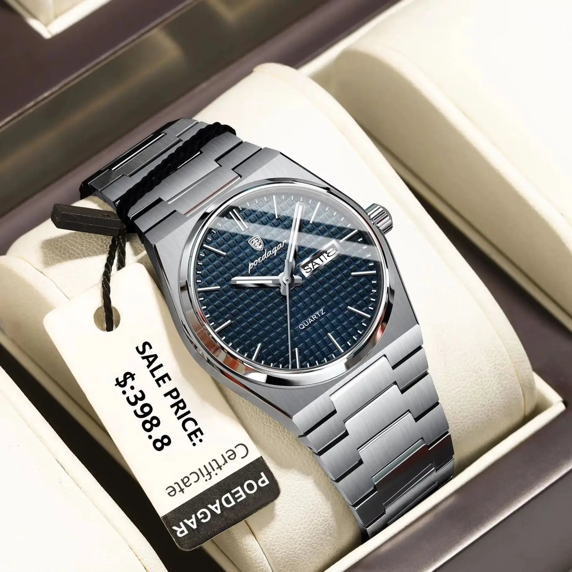 Luxury Business Men'S Quartz Watches Date Week Man Stainless Steel Watch Waterproof Luminous Fashion Men Wristwatch+Box