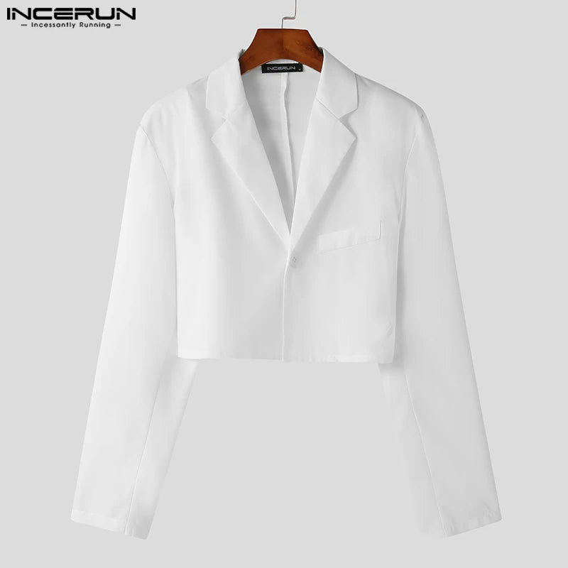 Men Blazer Solid Color Lapel Long Sleeve One Button Autumn Casual Suits Streetwear 2023 Fashion Male Crop Coats S-5XL