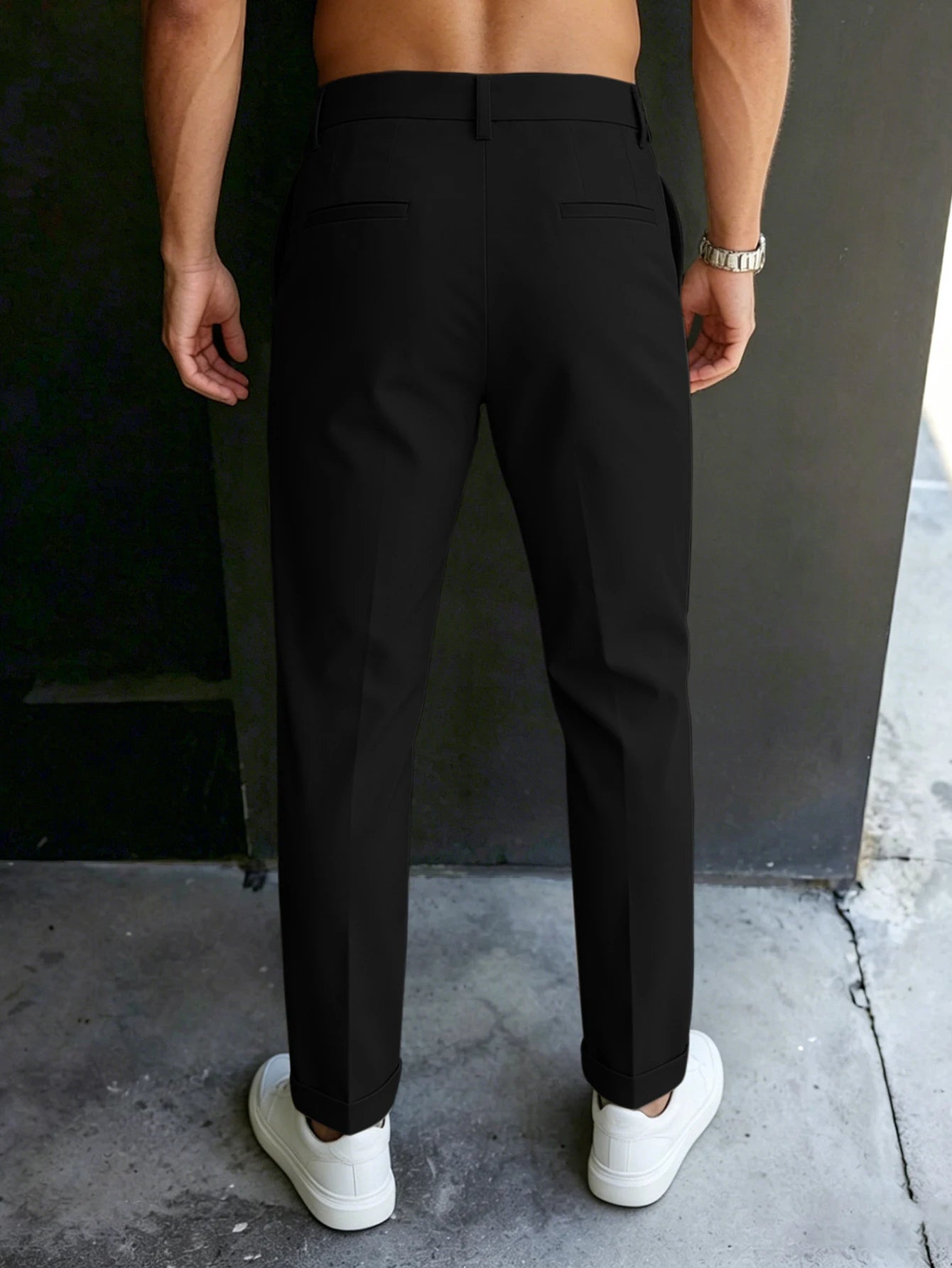 Men'S Gurkha High Waist Pleated Cuffed Tapered Cropped Dress Pants 100% Polyester Business Casual Black Beige Trousers
