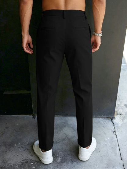 Men'S Gurkha High Waist Pleated Cuffed Tapered Cropped Dress Pants 100% Polyester Business Casual Black Beige Trousers